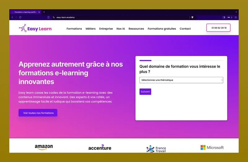 Page d'accueil du site Easy Learn réalisé par Alexis Stephan